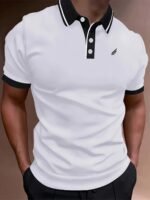 Men'S Lightweight Breathable Summer Shirt - Solid Color Black With White Logo, Short Sleeve, Button-Up Collar, Regular Fit For Golf, Tennis & Casual Wear, Golf Shirt, Golf Attire, Sleek Sporty Design, Comfortable Fabric - Image 7