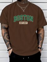 Men'S Boston Est. 1997 Graphic Print T-Shirt, Casual Crew Neck Short Sleeve Tee With Slight Stretch, Regular Fit, Letter Pattern Design, Perfect For Sports Or Leisure Activities, Leisure Clothing | Trendy Crew Neck | Versatile Style - Image 4