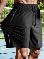 Men'S Plus Size High-Elasticity Sports Shorts - Navy Blue With Drawstring Waist, Zipper Pockets, And Side Pockets, Perfect For Casual Outdoor Activities, Fitness, Cycling, And Daily Wear, Casual Outdoor Attire | Drawstring Shorts | Zippered Pocket - Image 3