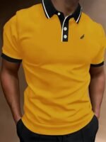 Men'S Lightweight Breathable Summer Shirt - Solid Color Black With White Logo, Short Sleeve, Button-Up Collar, Regular Fit For Golf, Tennis & Casual Wear, Golf Shirt, Golf Attire, Sleek Sporty Design, Comfortable Fabric - Image 4