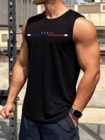 Men'S Navy Blue Sleeveless Tank Top With Paris Letter Graphic - Lightweight, Breathable Polyester, Casual Athletic Gym Wear For Summer, Workout Apparel | Stylish Graphic Print | Elastane Blend - Image 2
