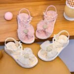 ' Summer Sandals With Floral Pearl Embellishments & Sparkling Accents - Adjustable Hook-And-Loop Closure, Soft Pvc Sole Non-Slip Beach Shoes,, (Pink, Heart/Floral Pattern), Beachwear | Decorative Pearl Details - Image 9