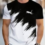 Men'S Casual Crew Neck T-Shirt With Running Animal 3D Print, Geometric Asymmetrical Design, 100% Polyester Knit Fabric, Slight Stretch, Regular Fit, Summer Street Hip Hop Sports Tee, 110Gsm - Black & White
