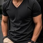 Men'S V-Neck Short Sleeve T-Shirt - Lightweight & Breathable, Casual Fit, Solid Black, Perfect For Summer, High-Quality Knit Fabric, Everyday Tshirt | Casual Style | Comfortable Fit