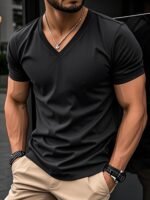 Men'S V-Neck Short Sleeve T-Shirt - Lightweight & Breathable, Casual Fit, Solid Black, Perfect For Summer, High-Quality Knit Fabric, Everyday Tshirt | Casual Style | Comfortable Fit