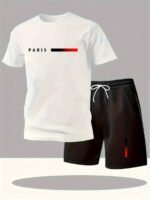 Paris Gradient Letter Print Men'S Two-Piece Set: Crew Neck Short Sleeve T-Shirt And Drawstring Shorts Summer Casual Sportswear