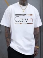 Men'S Oversized Fit Summer T-Shirt With Bold '' Letter Print - White Casual Short Sleeve Round Neck Tee, Black & Orange Graphic Design For Casual Attire, Breathable Comfortable & Versatile Summer Essential (Hand Wash/Dry Clean) - Ideal For Casual Outings & Semi-Formal Events - Men'S Fashion Statement Apparel, Leisure Clothing, Lightweight Tee, Soft Material, Printed Shirt, Young Adults