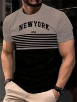 Men'S New York Usa 3D Print Striped T-Shirt - Casual Summer Sportswear, Oversized Red And White Short Sleeve Tee With Asymmetrical Stripes - Image 4