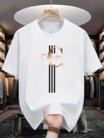 Men'S Casual Calvin Print T-Shirt - Black With Golden Stripe Design, Comfortable Polyester Crew Neck Tee For Everyday Streetwear, Summer Essential - Image 5