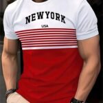 Men'S New York Usa 3D Print Striped T-Shirt - Casual Summer Sportswear, Oversized Red And White Short Sleeve Tee With Asymmetrical Stripes