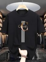 Men'S Casual Calvin Print T-Shirt - Black With Golden Stripe Design, Comfortable Polyester Crew Neck Tee For Everyday Streetwear, Summer Essential