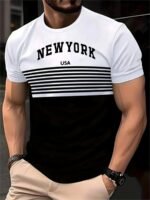 Men'S New York Usa 3D Print Striped T-Shirt - Casual Summer Sportswear, Oversized Red And White Short Sleeve Tee With Asymmetrical Stripes - Image 2