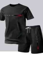 Paris Gradient Letter Print Men'S Two-Piece Set: Crew Neck Short Sleeve T-Shirt And Drawstring Shorts Summer Casual Sportswear - Image 2