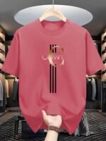 Men'S Casual Calvin Print T-Shirt - Black With Golden Stripe Design, Comfortable Polyester Crew Neck Tee For Everyday Streetwear, Summer Essential - Image 2