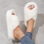 Women'S Platform Fuzzy House Slippers, Open Toe Criss Cross Solid Color Casual Home Slides, Women'S Indoor Flat Comfy Shoes - Image 3