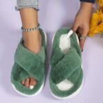 Women'S Platform Fuzzy House Slippers, Open Toe Criss Cross Solid Color Casual Home Slides, Women'S Indoor Flat Comfy Shoes - Image 11