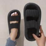 Women'S Double Straps Plush Slippers, Solid Color Open Toe Non Slip Comfy Slides Shoes, Fashion Indoor Platform Slippers - Image 14