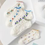 5 Pairs Floral Print Socks, Cute & Lightweight Lettuce Trim Ankle Socks, Women'S Stockings & Hosiery - Image 3