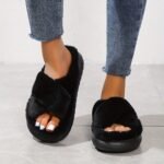 Women'S Platform Fuzzy House Slippers, Open Toe Criss Cross Solid Color Casual Home Slides, Women'S Indoor Flat Comfy Shoes - Image 18