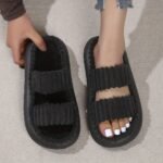 Women'S Double Straps Plush Slippers, Solid Color Open Toe Non Slip Comfy Slides Shoes, Fashion Indoor Platform Slippers - Image 3