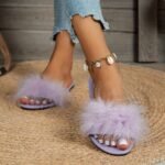 Women'S Fluffy Feather Slides, Solid Color Open Toe Single Band Flats, Casual Daily Slide Sandals - Image 13