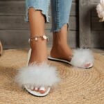 Women'S Fluffy Feather Slides, Solid Color Open Toe Single Band Flats, Casual Daily Slide Sandals - Image 3