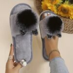 Women'S All-Season Slip-On Slippers With Plush Faux Fur Trim & Sparkling Embellishments - Soft Fabric Indoor House Shoes For Home, Lounge, Or Casual Wear, Cute Slippers, Loungewear Essentials, Playful Design, Durable Eva Sole - Image 7