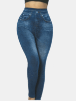 Plus Size Women'S Casual Style All-Season Stretch Denim-Look Leggings - High Elasticity, Machine Washable, Faux Pockets Detail, Polyester & Elastane Blend, Smooth Fabric, Ideal For Vacation, Plus Size Jeans.Non-Denim Pants With Denim Print - Image 6