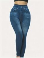 Plus Size Women'S Casual Style All-Season Stretch Denim-Look Leggings - High Elasticity, Machine Washable, Faux Pockets Detail, Polyester & Elastane Blend, Smooth Fabric, Ideal For Vacation, Plus Size Jeans.Non-Denim Pants With Denim Print - Image 11