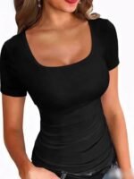 Solid Color Square Neck T-Shirt, Casual Short Sleeve Slim T-Shirt For Spring & Summer, Women'S Clothing - Image 7