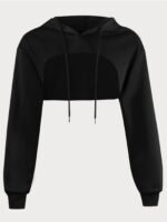 Solid Dipped Hem Drawstring Hoodie, Casual Long Sleeve Crop Sweatshirt, Women'S Clothing - Image 8