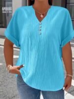 Plus Size, Women'S Plus Size New European And American Spring/Summer Short Sleeve Button Solid Color Elegant Casual T-Shirt - Image 11