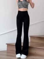 Women'S High-Waisted Flared Leggings - Elastic Waistband, Mid-Rise 9/10 Length, Stretchy Comfort Fit For Spring/Autumn Casual Wear, Black, High Waisted Leggings - Image 11