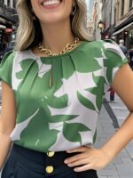 Women'S Elegant Casual Short Sleeve Blouse - Black & White Abstract Leaf Print, Loose Fit Round Neck, Chest Ruching, Semi-Sheer Summer Top, Machine Washable, Everyday Sophisticated Wear, Delicate Fabric Shirt, Fitted Waist Accentuate Figure - Image 11