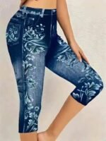 Plus Size Floral Print Capri Leggings, Casual Faux Denim Stretchy Leggings For Spring & Summer, Women'S Plus Size Clothing - Image 4