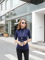 8077 Casual High Neck Solid Color T-Shirt For Women - Polyester Knit Fabric, Regular Fit, Spring/Fall Season - Image 11