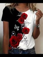 Rose Print Color Block T-Shirt, Casual Crew Neck Short Sleeve T-Shirt, Women'S Clothing - Image 11