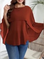 Women'S Plus Size Elegant Crew Neck Shirt, Solid Color Polyester 100%, Non-Stretch Woven Fabric, Versatile Blouse For Spring/Summer/Fall - Image 11