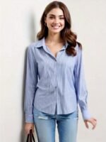 Elegant Striped Button-Up Shirt For Women - Chic Long Sleeve, Lightweight Polyester Blend, Versatile Blue With White Stripes, Ideal For Spring/Summer - Image 11
