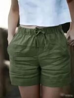 Women'S High-Waisted Blend Casual Shorts, Solid Color, Non-Stretch Fabric, Spring Summer Autumn, Wide Waistband And Slant Pocket, Linen Texture - Image 10