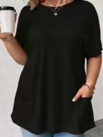 2024 New Women'S Comfortable & Stylish Pocket T-Shirt - Middle Eastern-Inspired Round Neck Short Sleeve Top, Solid Black, Machine Washable For Spring/Summer Casual Wear, Everyday Comfort Tee, Modern Casual Tee, Durable Everyday Shirt - Image 6