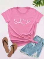 Plus Size Face Print Short Sleeve T-Shirt, Women'S Plus Slight Stretch Round Neck Casual Tee - Image 3