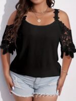 Plus Size Elegant Blouse, Women'S Plus Solid Contrast Floral Jacquard Cold Shoulder Semi Sheer Short Sleeve Top - Image 8