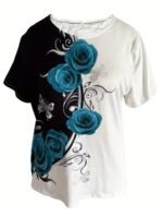 Rose Print Color Block T-Shirt, Casual Crew Neck Short Sleeve T-Shirt, Women'S Clothing - Image 8