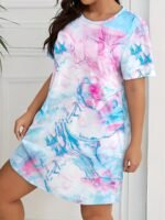 Plus Size Casual Nightdress, Women'S Plus Tie Dye Short Sleeve Round Neck Tee Sleep Dress - Image 5