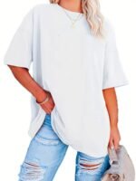 Plus Size Basic T-Shirt, Women'S Plus Plain Short Sleeve Round Neck Medium Stretch T-Shirt - Image 2