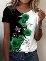 Rose Print Color Block T-Shirt, Casual Crew Neck Short Sleeve T-Shirt, Women'S Clothing - Image 5