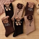 3 Pairs Women'S Mid-Calf Socks With Cartoon Bear & Floral Design - Ribbed, Soft Polyester Blend, Brown & Black, Perfect For Fall & Winter, Cute Socks - Image 4