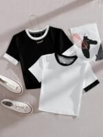 2Pcs Summer Short Sleeved Women Splicing Simple Short Top Slimming Elastic T -Shirt Women - Image 9