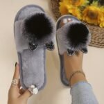 Women'S All-Season Slip-On Slippers With Plush Faux Fur Trim & Sparkling Embellishments - Soft Fabric Indoor House Shoes For Home, Lounge, Or Casual Wear, Cute Slippers, Loungewear Essentials, Playful Design, Durable Eva Sole